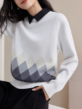 Pilkas nugaros mygtukas Atvartas Geometrinis megztinis Moterys Žiema 2024 Naujoji Korėjos mada Laisvi laisvalaikio megztiniai megztiniai Moteriškos viršūnės