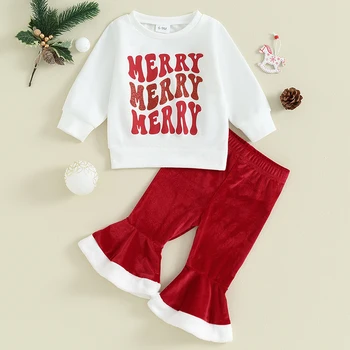 6-24M Mažylių mergaičių kalėdinių drabužių rinkiniai ilgomis rankovėmis Laiškų spausdinimas Džemperių viršūnės Aksominės platėjančios kelnės Rinkiniai Xmas drabužiai