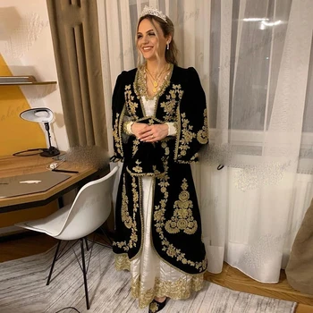 Karakou Alžyro vakarinė suknelė ilgomis rankovėmis Apranga Švarkas Auksas Aplikacija Nėriniai Kreida Prom Chalatai Musulmonų formalus vakarėlis