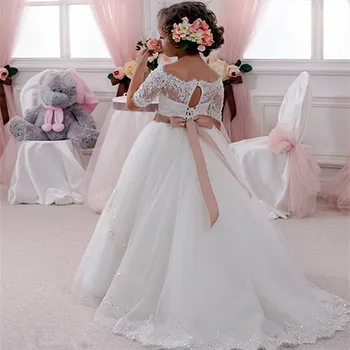 Puošni nėrinių pečių ilgio peteliškės diržas Princesės gėlių mergaitės suknelė Pirmosios komunijos suknelės Vestuvių šokių vakarėlis Svajonių vaikų dovana