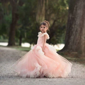 Pink Puffy Nėrinių tiulio gėlių mergaičių suknelės vestuvėms Princesės vaikų kamuolinė suknelė Grožis Pageant Gimtadienio vakarėlis Pirmoji Komunija Apranga