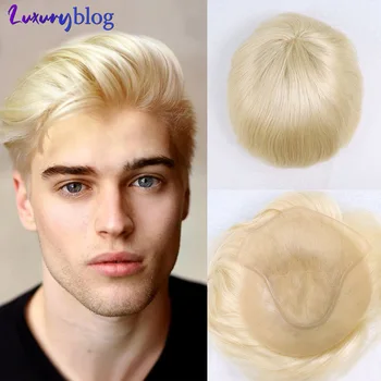 Blonde Human Hair Toupee Prancūziški nėriniai Plona oda PU Vyriškas perukas Tiesus vyriškas protezas 613 Vyriškų plaukų keitimo sistema 8X10