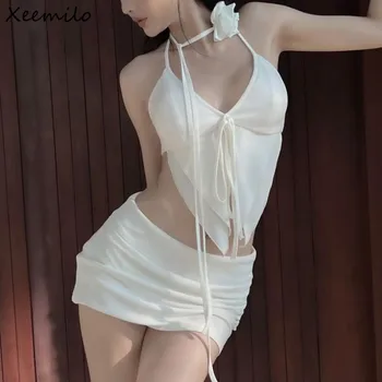 Xeemilo Sexy V-neck Berankovė netaisyklinga korseto viršutinė dalis be nugaros su liemeniu plisuotas plonas prigludęs sijonas 2023 m. vasaros paplūdimio apranga