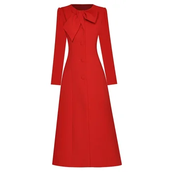 Fashion Runway Autumn Winter Women O-neck Bow Long Sleeve Singleed Splited Splited Red Dresses