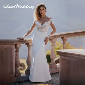 ILoveWedding Fashion Mermaid Wedding Dress 2023 Off Shoulder Elegant Nėrinių aplikacijos V-Neck pilnomis rankovėmis Satin Bridal Gown Custom