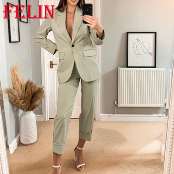 TRAF 2023 Autumn Women Office Lady Solid Suit Loose Button Blazer+Zipper Pockets Curled Herm Pants Fashion Casual Female Set