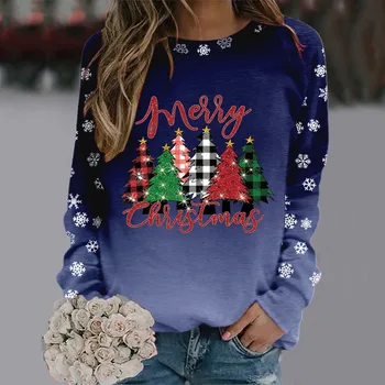 Džemperis moterims Linksmų Kalėdų atspaudas O Kaklas Apvalus kaklas Tinka megztiniai Tops Mada Treniruotė ilgomis rankovėmis Sparnuotas megztinis Moterys