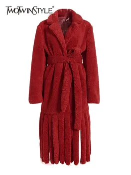 TWOTWINSTYLE Žieminiai paltai Moterims Atlapai ilgomis rankovėmis Laisvalaikio laisvi pleistrai Nėriniai Aukštyn Tuščiaviduris apvadas Kietas paltas Moteriška mada