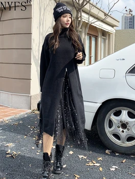 NYFS 2023 Žiema Nauja korėjietiška megztinio suknelė Vestidos chalatas Elbise Laisvas plius dydis Kieta megzta ilgomis rankovėmis Užtrauktuku Moteriškos suknelės