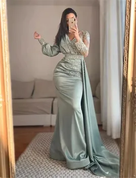Elegantiška satino V kaklo undinėlė vakarinės suknelės 2024 Saudo Arabija Nėrinių aplikacijos karoliukai Vakarėlių chalatai pilnomis rankovėmis Oficiali prom suknelė