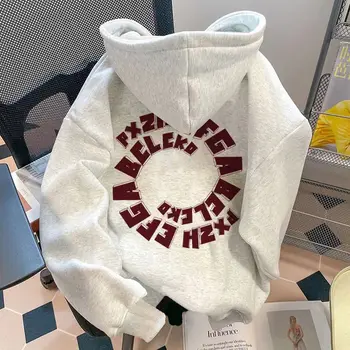 Pure Cotton American Street Style Circular Letter Printed Hoodie for Women Oversize Spring and Autumn Loose Fashion Label Top