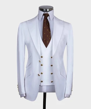 White Blue Business Vyriški kostiumai Peak Lapel Kostiumas Homme Groom Smokingas Terno Masculino Slim Fit Prom Blazer 3 Dalių striukė+Kelnės+Liemenė