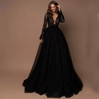 Sexy Deep V Neck Black A Line vestuvinės suknelės Gothic Nėriniai ilgomis rankovėmis Sodo nuotakos chalatai Viso ilgio Vestidos De Novia 2023
