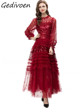Gedivoen Vasaros mados dizaineris Raudona vintažinė tinklinė suknelė Moteriška O kaklas ilgomis rankovėmis Blizgučiai raukiniai aukštu juosmeniu Lieknos ilgos suknelės