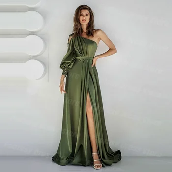 Olive Green Chiffon 2023 Vakarinės suknelės Šoninis plyšys Vieno peties ilgomis rankovėmis Aplikacijos Prom chalatai moterims Vestidos De Fiesta