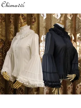 Fashion Lolita Solid Color Stand-up Apykaklė Puff Sleeve Moteriški marškiniai 2023 Pavasario ruduo Saldus Miela Liekna Vienguba palaidinė