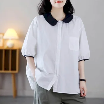 Medvilniniai balti marškiniai Moteriški vintažiniai vientisa lėlės apykaklė Laisva pusė rankovės Laisvalaikio korėjiečių mados vienguba palaidinė