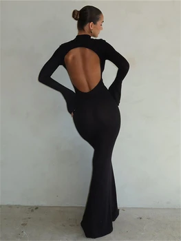 Habbris Luxury Black Backless Long Dress Party Elegantiški drabužiai moterims 2023 O Kaklas ilgomis rankovėmis Maxi suknelė Bodycon Booty suknelė