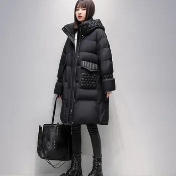 Žiemos mada Šilta juoda pūkinė striukė Moteriška Korėjietiška laisva 90% balta antis Apatinis paltas Ilgas storas sniegas Moteriškas Parkerio paltas su gobtuvu