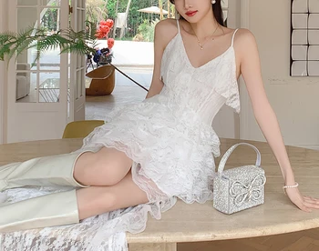 Moterų 2023 m. balta nėrinių slydimo suknelė Vakarėlio suknelė Netaisyklinga moterų vasara Korėjos moterų suknelės dizainas Sense vestuvinė suknelė vestido