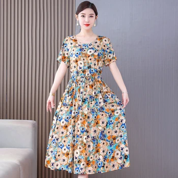 Elegantiškos ilgos gėlėtos suknelės moterims 2023 Nauja aukštos kokybės suknelė trumpomis rankovėmis plona vintažinio spausdinimo vasarinė suknelė su kišenėmis