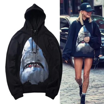 Chun yu yin jia High Street Fashion Designer New Style Shark Print Pattern Black Hoodie for women&Men plus size xxl