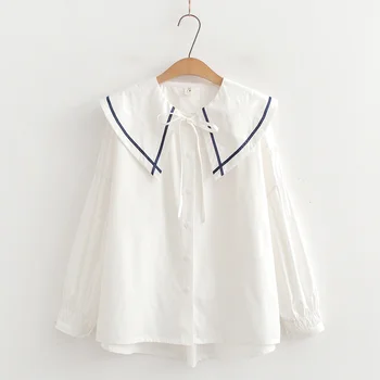 Preppy Style Sailor Collar Baltos palaidinės Mori Girls Japan Style Kawaii Laisva mėlyna balta Karinio jūrų laivyno palaidinė JK Mokyklinės uniformos viršūnės
