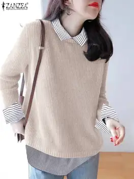 Korėjos mados moterys Patchwork dryžuotos viršūnės Rudeniniai džemperiai ZANZEA Stilingi netikri dviejų dalių megztiniai Elegantiški darbo marškiniai Džemperiai