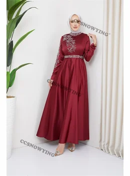 Burgundijos aplikacijos Hidžabo musulmoniškos vakarinės suknelės Satin ilgomis rankovėmis Islamo moterų oficiali vakarėlio suknelė Arabiškas Dubajaus chalatas De Soirée
