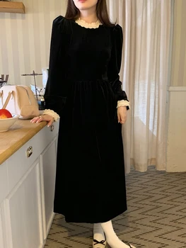 Moteriška žibinto rankovė raukta juoda veliūrinė suknelė Ruduo žiema Korėjos amžiaus mažinimas Plonas atrodo plonas temperamentas Ilga suknelė Nauja