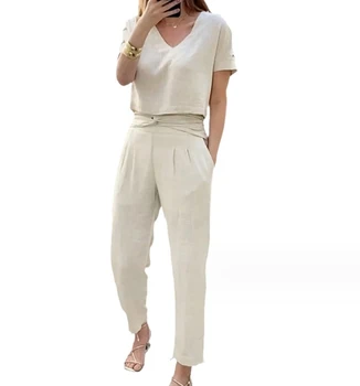 Casual Loose Fitting Summer 2023 New Fashion Short Sleeves Long Pants Pockets Design Temperament Comuting Pants Set for Women