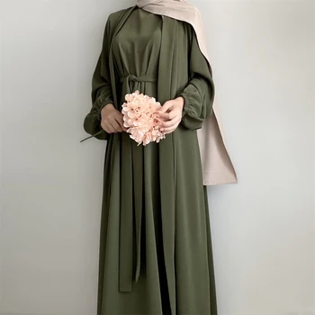 New Abaya Set Crinkle Fabric Open Abaya+Inner Long Dress Islamic Clothing Muslim Women Dresses Set Turkish Kaftan Ramadan Eid