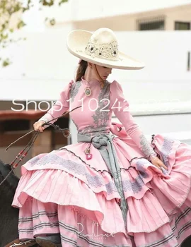 Charreria fiesta Meksikietiškos rožinės prom gimtadienio suknelės 2024 m. Nėrinių aplikacijos vakarinės aprangos suknelė