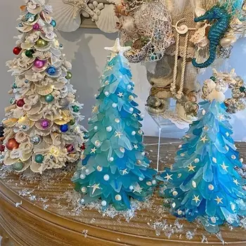 jūros stiklo eglutės papuošalai, graži Teal paplūdimio stiklo eglutė, derva Krištolo jūros teminis kalėdinis darbalaukio dekoras