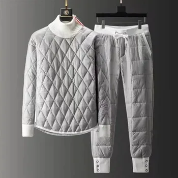 Winter Turtleneck Pullover Down Cotton Jacket Moteriškos medvilninės paminkštintos kelnės Autumn New Female Casual Solid Pants Two-piece Komplektas