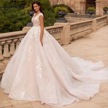 Sexy V-Neck Nėrinių aplikacijos Ball Gown vestuvinės suknelės 2024 Princesės koplyčios be rankovių traukinio nuotakos suknelė moterims Vestido De Novia
