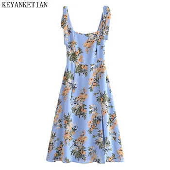 KEYANKETIAN Nauja vasarinė elastinė Patchwork Blue Print Sling suknelė Moteriško prancūziško stiliaus Aukšto juosmens plyšys Kulkšnies ilgio MIDI suknelė