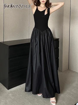 TWOTWINSTYLE Solidžios minimalistinės suknelės moterims Netaisyklinga apykaklė Berankovė Aukštas juosmuo Tuščiavidurė temperamento suknelė Moteris Nauja