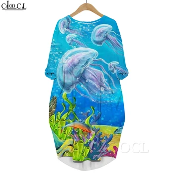 CLOOCL Nauja mėlyna moteriška suknelė ilgomis rankovėmis Ocean Beautiful Jellyfish 3D Printed Loose Casual Dress Oversized Dresses Fashion 2022
