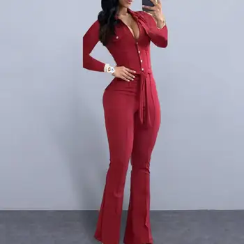 Women Fall Spring Jumpbine Lapel Long Sleeve Slim Fit Plated Cuff Low-Cut Belted High Waist Elastic Lady Long Jumpsuit