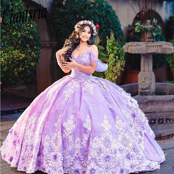 Lilac Puffy Princess Quinceanera suknelės 2023 Off Shoulder 3D gėlių gillter blizgučiai Suvarstomas korsetas Vestidos 15 años rosa