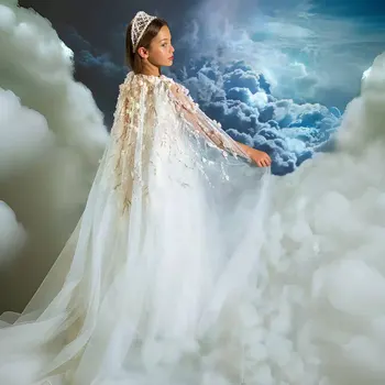 Jill Wish Prabangi balta mergaitės suknelė 3D gėlės su Cape Princess Kids vestuvių gimtadienis Pirmasis komunijos vakarėlis Prom suknelė 2024 J307