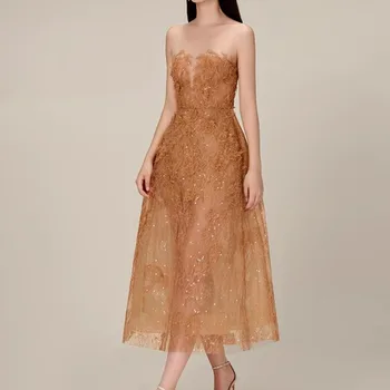Khaki nėriniuota suknelė Moterų kilimo ir tūpimo tako dizainas 20234 Elegantiški drabužiai be rankovių Moteriškos suknelės aukštu liemeniu O-kaklo vakarinės suknelės