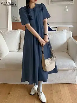 ZANZEA Laisvalaikio džinsinė suknelė trumpomis rankovėmis Trumpomis rankovėmis 2023 m. Vasarinė Vestidos Korėjietiško stiliaus moteriški chalatai Plisuotas apvalus kaklas Midi suknelė