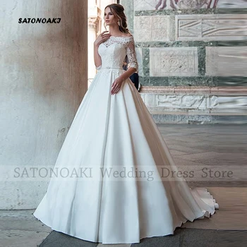 Elegantiška nuo pečių nėrinių satino vestuvinė suknelė moterims A-Line Sweep Train Backless Bride Gown Vestidos de Novia Custom Made