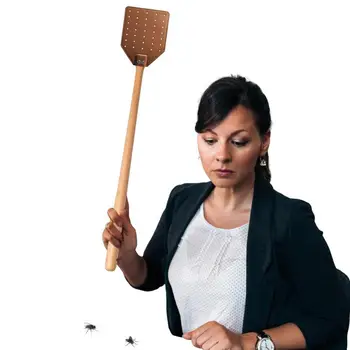 Home Fly Swatter Home Long Handle Flyswatter Space-Saving Wood-Working Leather Fly Swatting Tool Buitiniai virtuvės reikmenys