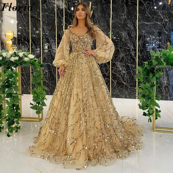 Blizgančios ilgos pūstos rankovės Vakarinės suknelės A-Line Artimųjų Rytų įžymybių suknelės Mielaširdinga vestuvių vakarėlio suknelė Chalatai De Soirée