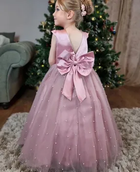 Puošni rožinė gėlėta mergina suknelė Tiulis Satino perlai Vestuvinė princesės suknelė Merginos Pirmosios komunijos suknelė Fotosesija