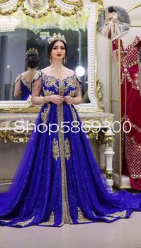 Karališka mėlyna palaidinė oranaise algérien Melhfa Prom progos suknelės Kepurės rankovės auksinės aplikacijos vakarinės suknelės apranga