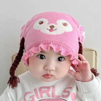 Kūdikio kepurė rudeninis ir žieminis kūdikis su vidiniu pamušalu Perukas pinti vaikišką skrybėlę naujas animacinis filmas vaikai mezgimo vilna Bebe mergaitė Peruko kepurė